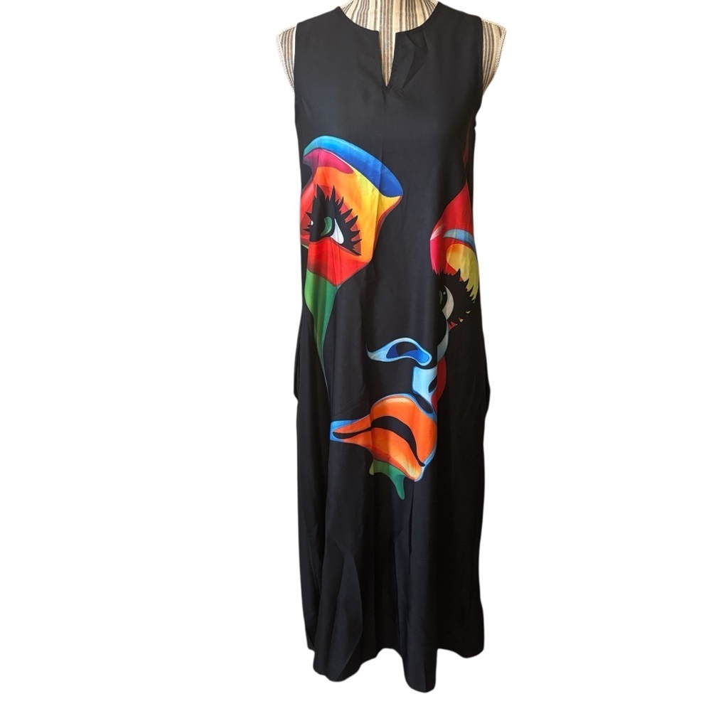 Festival Dress Small Black Multicolor Face Print Art Deco Sleeveless Maxi Colors - Picture 1 of 15